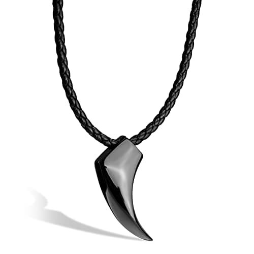 SERASAR Leather Necklace Men Viking Wolf Tooth Pendant 50cm Black Jewelry