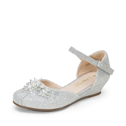 DREAM PAIRS Girls Dress Shoes, Glittering Low Wedge Heels with Pearls Rhinestones, Soft Cushioning, Hook-and-Loop Straps, Non-Slip Outsole, Party Formal Wear, Size 12 Little Kid,Silver-Glitter,SDFL2414K
