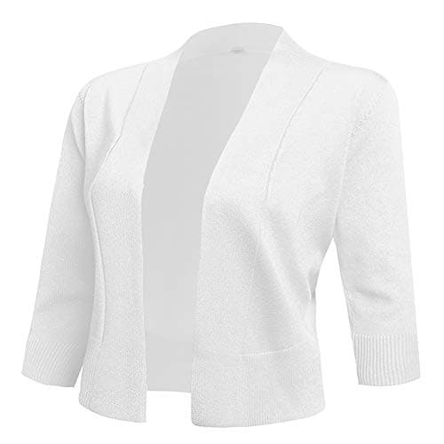 AAMILIFE Women's 3/4 Sleeve Cropped Cardigans Sweaters Jackets Open Front Short Shrugs for Dresses White M