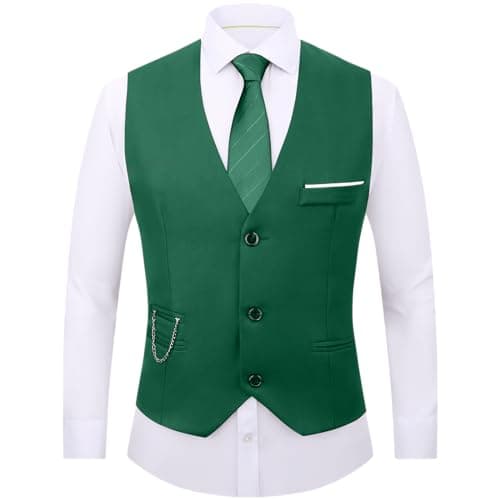 DOKKIA Men's Dress Vest Suit Waistcoat Formal Business Slim Fit V-neck Sleeveless Tuxedo Jacket with Chain Green 3X-Large