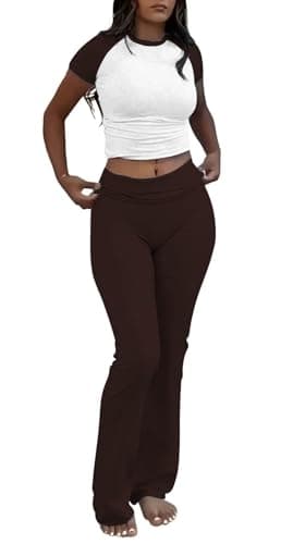 ZFLM Casual Workout Two Piece Outfits for Women Short Sleeve Crop High Waist Foldover Flare Pants Tracksuit Sets Streetwear