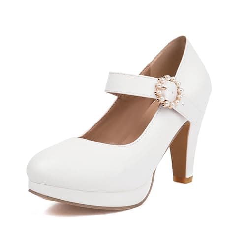 ForeMode Women Platform Chunky Heels Mary Jane Pumps, Round Toe Buckle Vintage Dress Shoes, Comfortable White Heels for Wedding Vacation Formal Occasions(Whitem6-2,9.5)