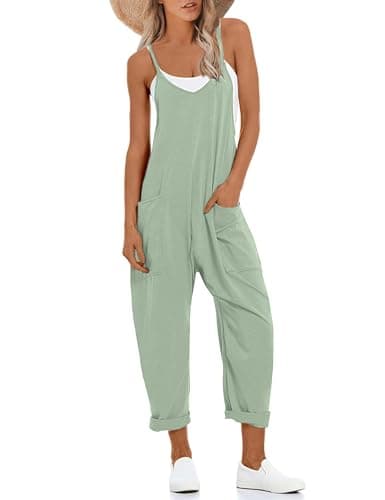 Lentta Women's Causal Jumpsuits V Neck Sleeveless Harem Overalls Stretchy Adjustable Strap Romper with Pockets(PeaGreen-M)