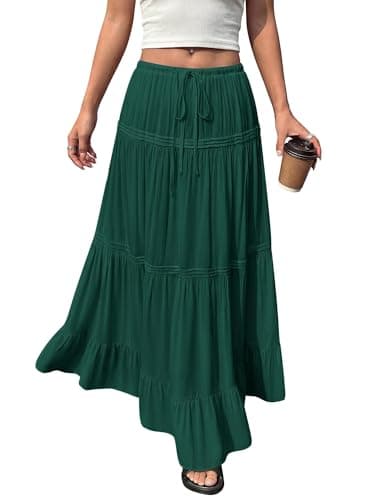 BTFBM Spring Skirts for Women 2026 Summer Boho Beach Vacation Clothes Casual Pleated High Waisted Flowy Maxi Skirt(Green, XX-Large)