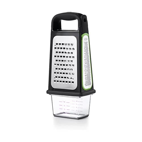 OXO Good Grips Etched Box Grater with Removable Zester | Ideal for Grating Cheese or Zesting Fruits | Storage Container Included | 4 Sided Grater | Comfortable Handle