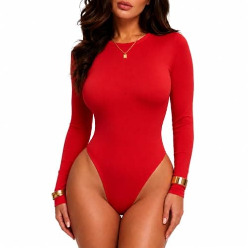 Yuiseaik Women's Long Sleeve Bodysui Slim Fit Crew Neck Leotard Lightweight Layering Tummy Control Shirt Going Out (Red, L)
