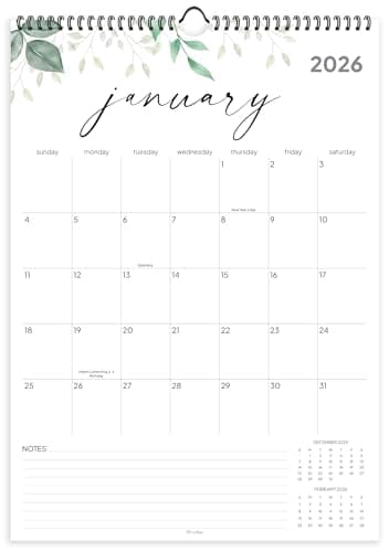 Wall Calendar 2026-2027, 18 Months, Runs from January 2026 to June 2027, 17" x 12" Large Wall Calendar with Hanger, Thick Paper, Spiral Binding, Soft Greenery Design