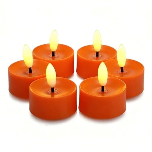 CANDLE CHOICE Battery Operated Flameless Tea Lights Realistic Black Wick Bright Flickering LED Tealight Candles Wedding Table Centerpieces Halloween Christmas Decorations Batteries Incl. 6 Pack Orange
