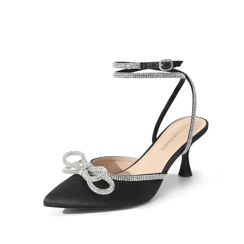 DREAM PAIRS Kitten Heels Rhinestone Bow Ankle Strap Stiletto Pointed Closed Toe Heels for Women Pumps Wedding Bridal Party Dress Shoes,Size 8,Black,DWUMPU2541