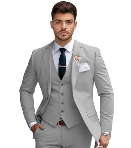 Lipoon Mens Suits 3 Piece Slim Fit Suit Set Solid Two Button Blazer Jacket Vest Pants Tuxedo Set for Wedding Groomsmen Business Prom Party(X-Large,Grey)