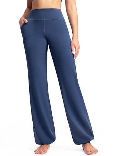 POSHDIVAH Women's Creamluxe Elastic Bottoms Straight Leg Sweatpants High Waisted Casual Pants Yoga Athletic Joggers with Pockets 31" Navy Blue X-Small