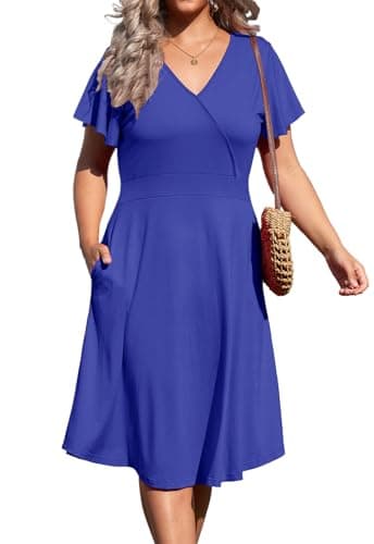 D.Q.RZhong Women's Plus Size Short Sleeve V Neck Casual Midi Dress Blue XL