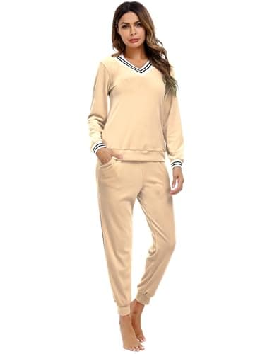 Irevial Women's Striped V Neck Crushed Velvet Tops Long Sleeve Casual Sweatsuits Sets with Pocket Apricot XL
