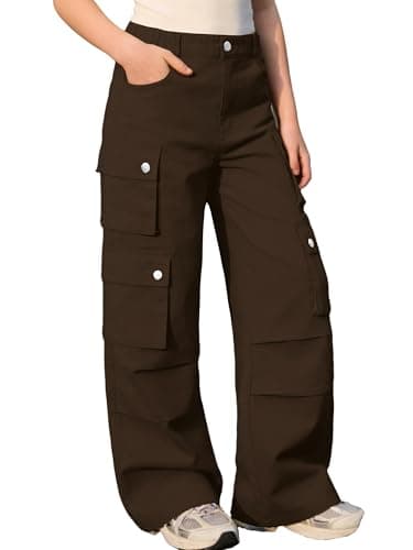 SANGTREE Girls High Waist Casual Y2k Wide Leg Cargo Pants, Brown, 11-12 Years = Tag 160