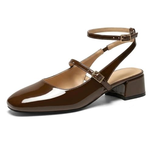 GotSoft Womens Square Toe Mary Jane Pumps Chunky Low Heels Ankle Strap Slingback Wedding Party Dress Shoes, Coffee, Size 7