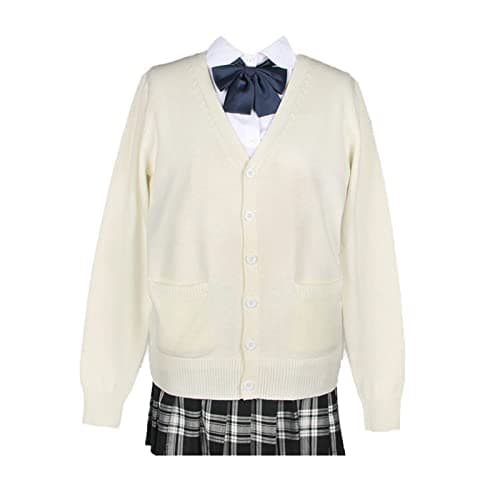 Blostirno Women's Cardigan Sweater V Neck Button Down Knit JK School Uniform Cardigans Girls Long Sleeve Coat with Pockets(White L)