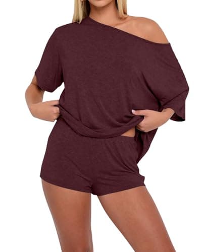 Lacozy 2 Piece Sets for Women Loungewear Summer Pajama Sleepwear Off Shoulder Shirts and Shorts Outfits Sexy Lounge Winered XL