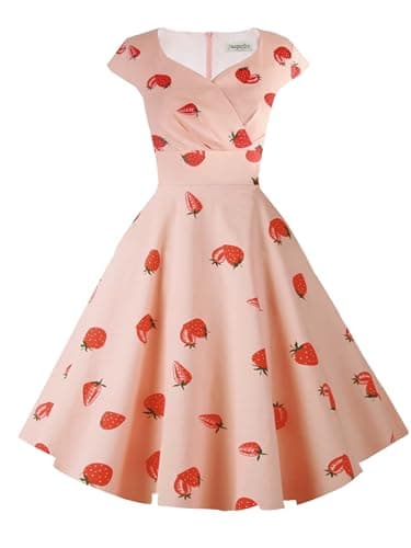 Hanpceirs Cap Sleeve 1950s Formal Dresses with Pocket Strawberry XS