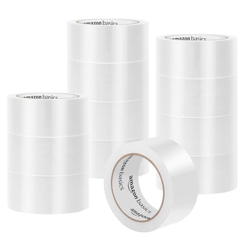 Amazon Basics Strong Plastic Adhesive Packing Tape for Shipping, Sealing Boxes, Moving and Storage, Clear, Low Odor, 1.88 in x 54.6 yds, 12-Pack