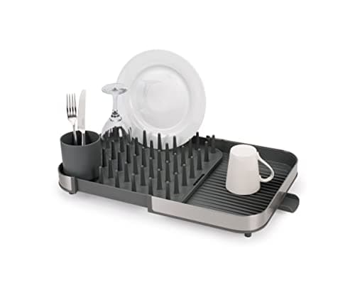 Joseph Joseph Duo Expanding Dish Drying Rack with Removable Silverware Holder, Draining Spout, Stainless Steel