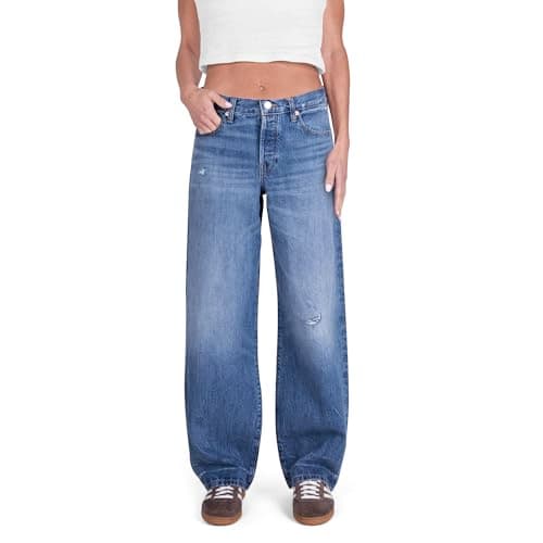 CAKE THE LABEL Women Wide Leg Baggy Jeans Casual Mid Waisted Denim Pants Medium Blue
