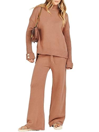 Caracilia Womens Mock Neck Sweater Sets Fall 2 Piece Outfits Rust L