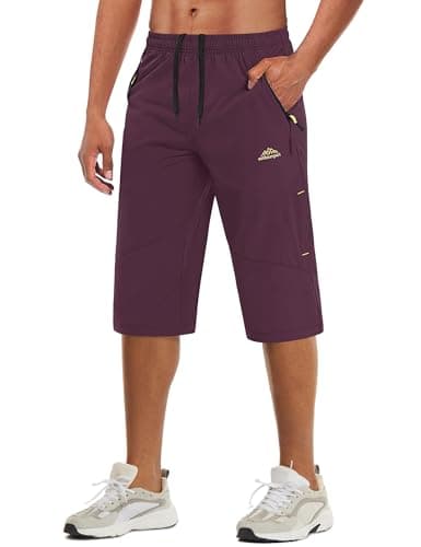 MAGCOMSEN Men's Capri Running Shorts Casual Quick Dry Lightweight Below Knee 3/4 Gym Hiking Shorts with Zipper Pockets Purple Red, 30