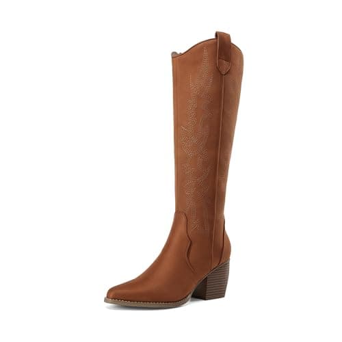 DREAM PAIRS Womens Cowboy Boots Wide Calf Comfortable Pull On Zipper Chunky Heel Pointed Toe Embroidered Western Cowgirl Knee High Boots Ladies Retro Tall Boot,Size 5,Brown,SDKB224W
