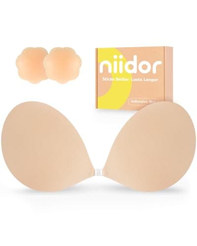 Niidor Sticky Bra Reusable Adhesive Strapless Backless Invisible Push Up Silicone Bra for Women Nude