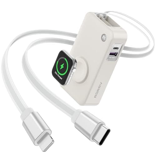 RORRY Portable Charger, 10,000mAh 30W Fast Charging Power Bank with Built-in Retractable Cables, Travel Battery Pack for iPhone 17/16/15/14/13/12, Apple Watch, iPad and More, Starlight