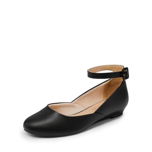 DREAM PAIRS Women's Dress Flats Ballet Low Wedge Round Toe Ankle Strap Comfortable Casual Flats Shoes, Revona，Black/PU-1,Size 5