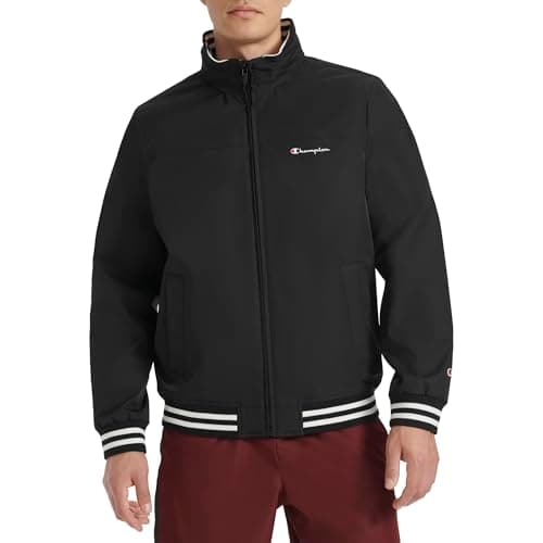Champion Men's Water Resistant Varsity Bomber Jacket with Flex Stand Collar, Black, Small