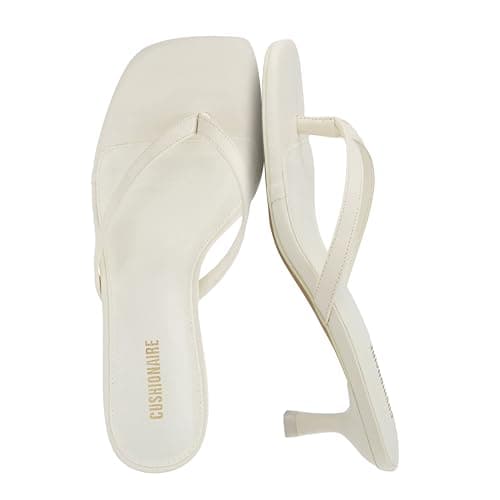 CUSHIONAIRE Miami Kitten Heels for Women, Thong Flip Flop Heeled Sandals with Memory Foam, Slip On Dressy Sandal, IVORY 10