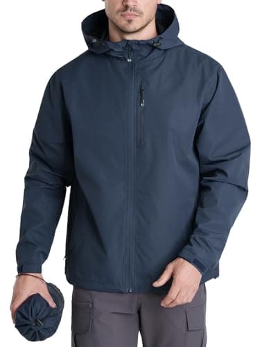 FRONTEND Packable Men's Rain Jacket Lightweight Waterproof Raincoat with Hood Running Hiking Windbreaker Jackets for Men BLUE