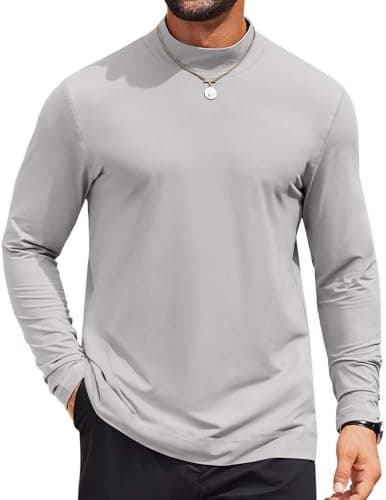 COOFANDY Men's Mockneck Long Sleeve Golf Shirt Lightweight Slim Fit Basic Tops Mock Turtle Neck T Shirt Light Grey