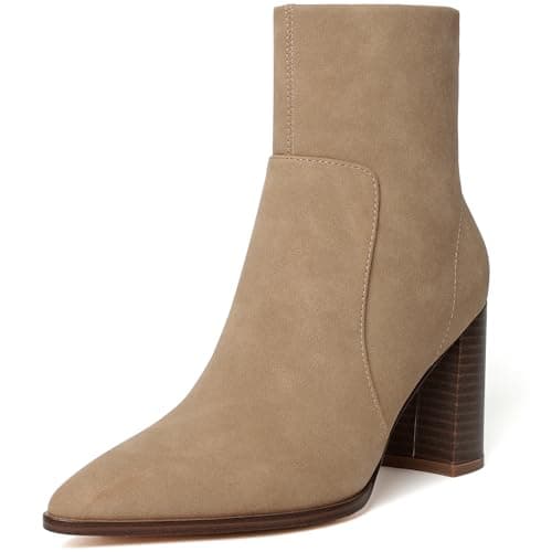 Susanny Nude Chunky High Heel Warm Boots for Women Ankle Slip On Heeled Boot Mid Calf Chelsea Booties Suede Fur Dress Work Hiking Snow Beige Shoes 9.5