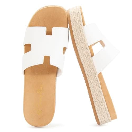 FancyRing Women's Platform Wedge H-Band Espadrilles Sandals Slip on Beach Vacation Sandals Flatform Open Toe Outdoor Summer Slides,Size 9.5,White