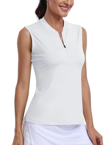 MoFiz Women's Golf Polo Shirt Sleeveless 1/4 Zip Collarless Tennis Tank Tops Quick-Dry Lightweight Athletic Sport T-Shirt White XL