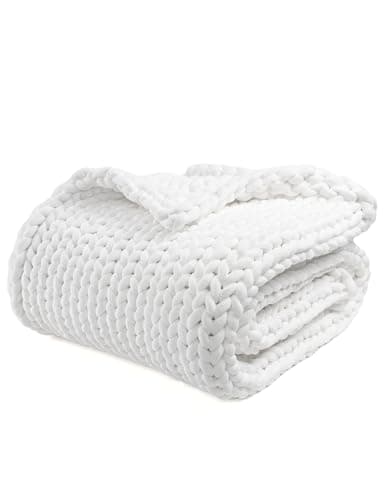 YnM Velvet Weighted Blanket, Handmade Chunky Knitted Design, Soft and Cozy, Temperature Regulating and Breathable, Machine Washable Throw for Sleep or Home Decor (White, 50x60 Inch, 10lbs)