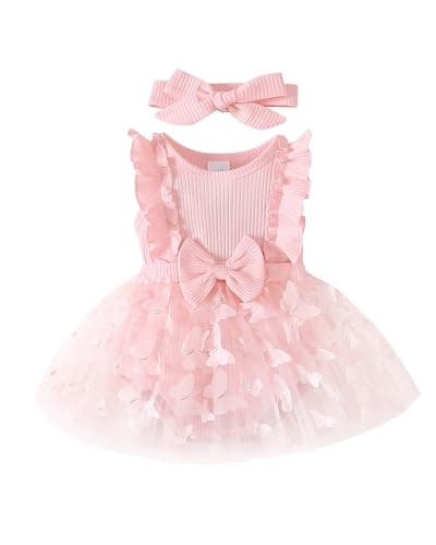 Renotemy Baby Girl Pink Butterfly Romper Flower Tulle Dress Boho Summer Coming Home Outfit Girl Baptism Wedding Party Christening Dress Baby Shower Gifts Cake Smash Outfit Girls 12-18 Month 18 Months
