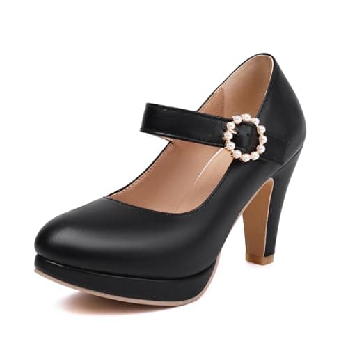 ForeMode Women Platform Chunky Heels Mary Jane Pumps, Round Toe Buckle Vintage Dress Shoes, Comfortable Black Heels for Wedding Vacation Formal Occasions(Blackm6-2,7.5)