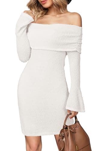 Arach&Cloz Women's Long Sleeve Off Shoulder Casual Sweater Dress White