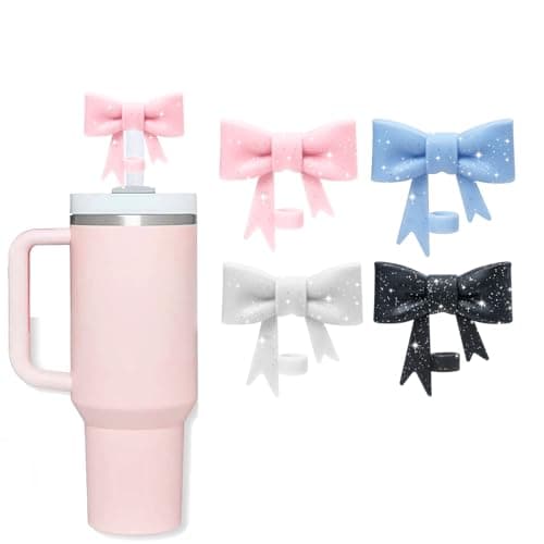 Oddyami Bow Straw Cover Topper for Stanley Cup,Silicone Glitter Pink Straw Toppers for Tumbler with Handle 30/40oz,Cute 10mm Straw Covers Cap,Reusable Straw Lids for Stanley Cup Accessories,4Pcs