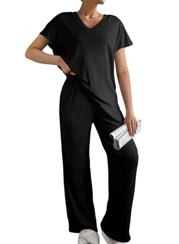 SHEWIN 2 piece Sets for Women Lounge Sets Short Sleeve Matching Set Women Clothing PJ Set Womens Pajamas 2026 Spring Outfits, Black L