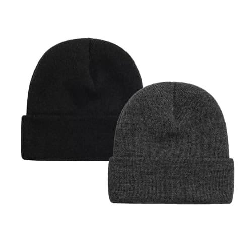2 PCS Unisex Beanie Hats for Men Women Winter Knit Beanies Silk Lining Soft Slouchy Warm Cuffed Beanie Hat Black DeepGrey