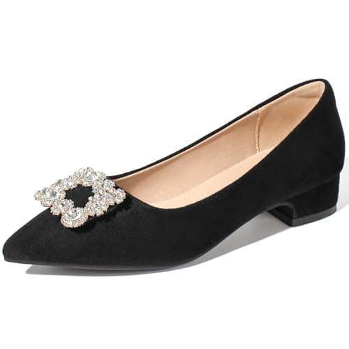BTNICE Black Women's Rhinestone Low Chunky Heel Suede Pointed Toe Pumps Elegant Dress Shoes Size 7.5