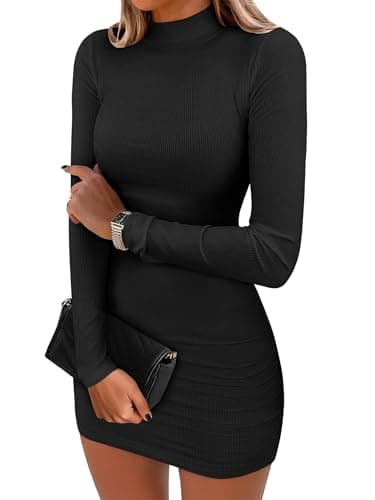 ANRABESS Womens Ribbed Knit Long Sleeve Mock Neck Mini Dresses Black