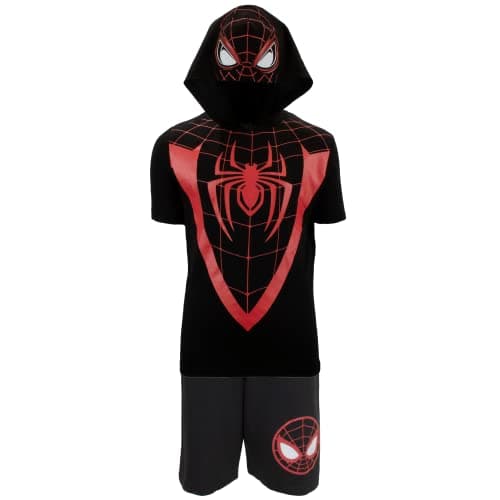 Marvel Avengers Superheroes Boys Character Lightweight Short Sleeve Hoodie T-Shirt & Shorts Athleisure Short Set (Black/Red, 5-6)