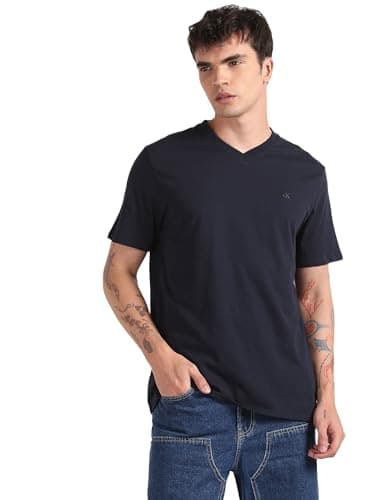 Calvin Klein Men's Smooth Cotton Solid V-Neck T-Shirt Dark Sapphire