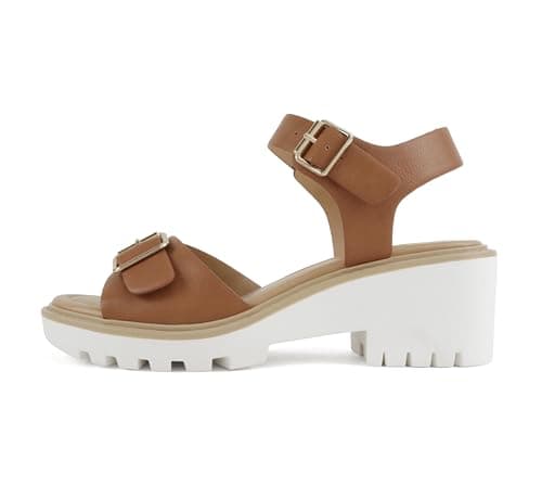Soda Remo ~ Women Round Toe Notch Wedge Sandal with Buckle Straps (Tan Pu, 7.5)